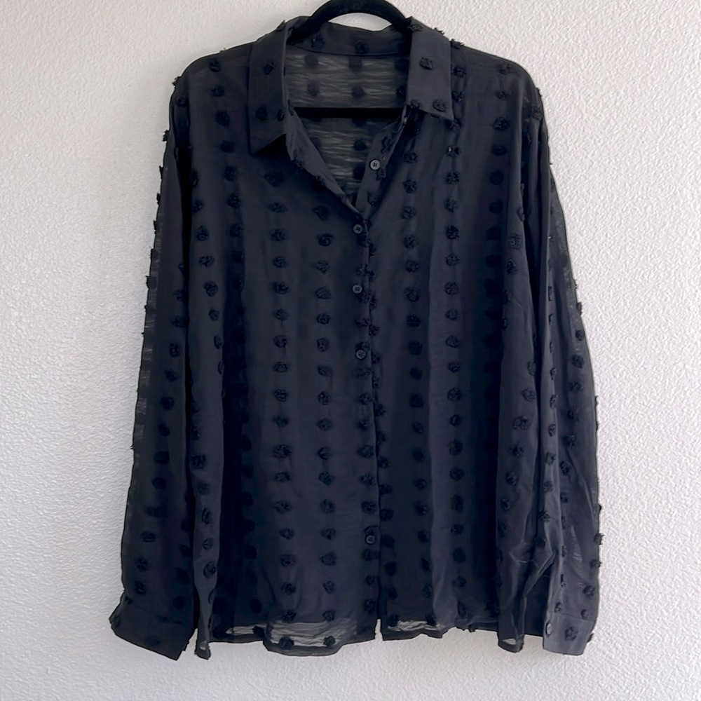 Black Semi-Sheer Dot Button-Down Shirt